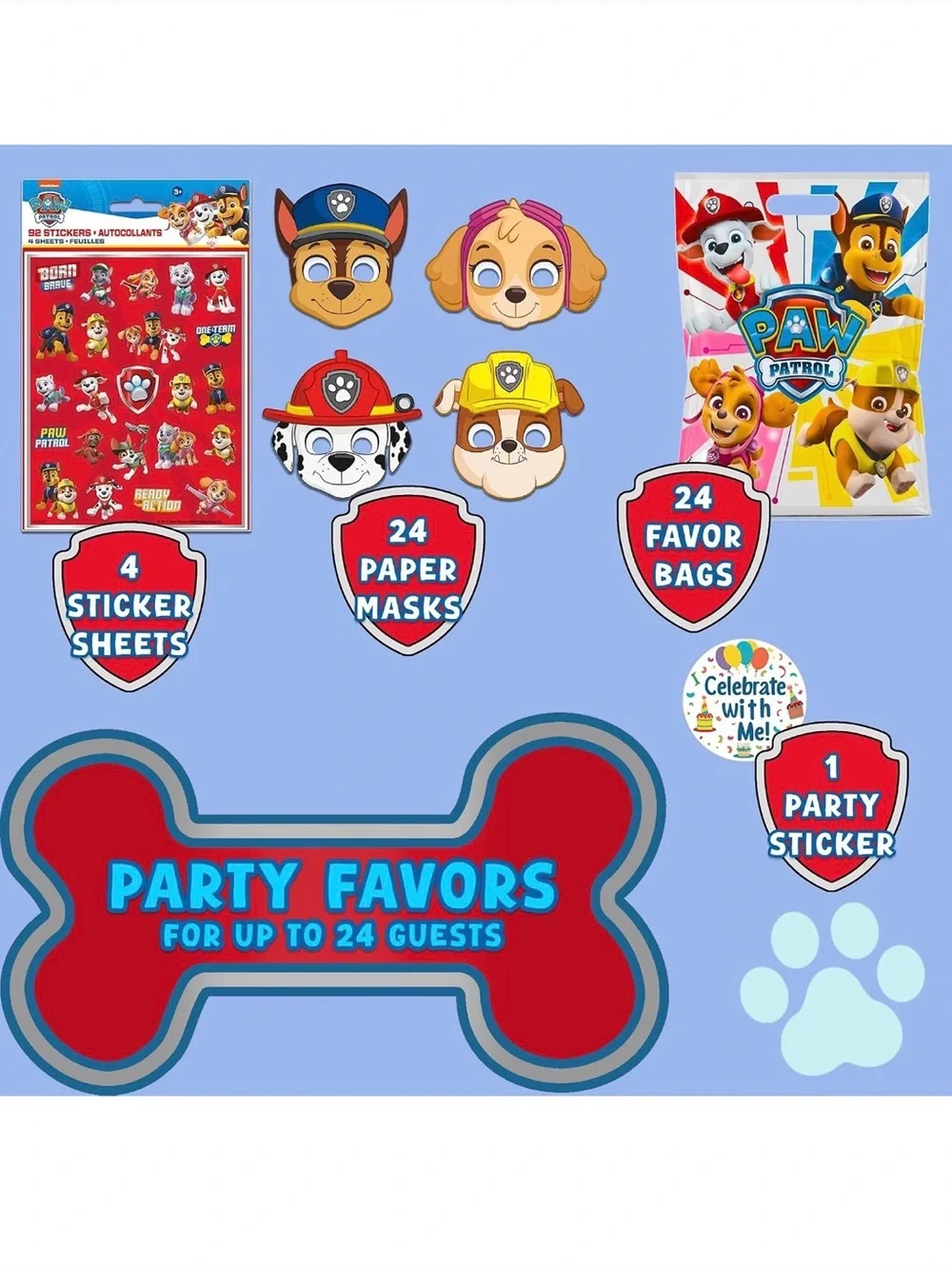 Paw Patrol Party Favor Bags & Sticker Set - Red, Yellow, Blue, Pink 52pcs NEW